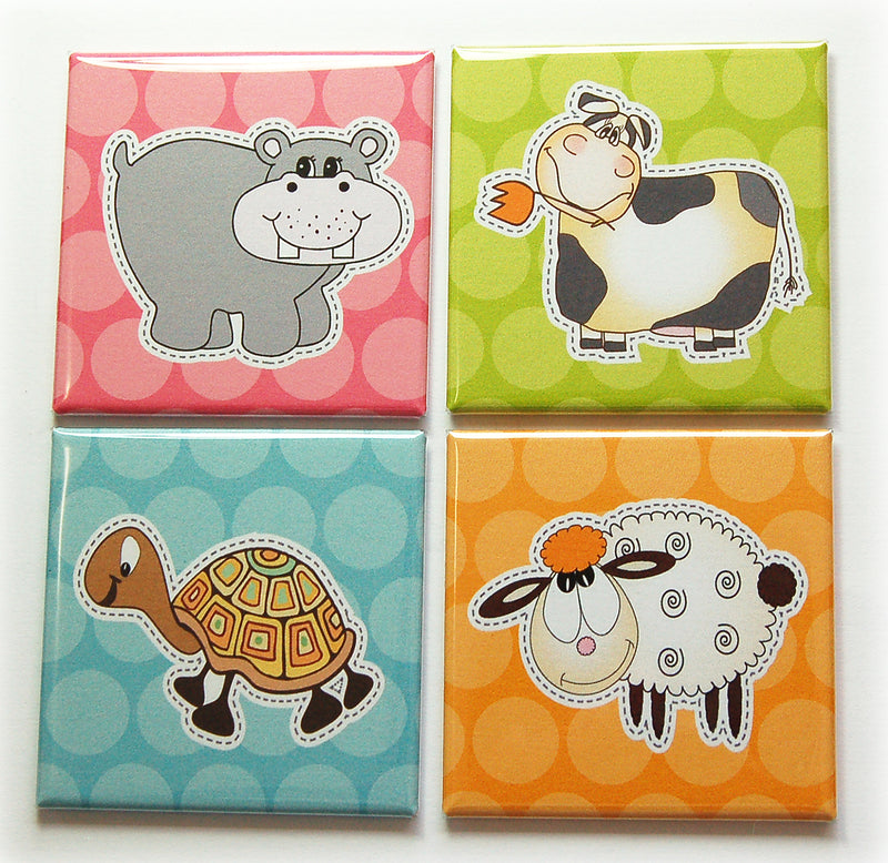 Animals on Polka Dots Set of 4 Square Magnets - Kelly's Handmade