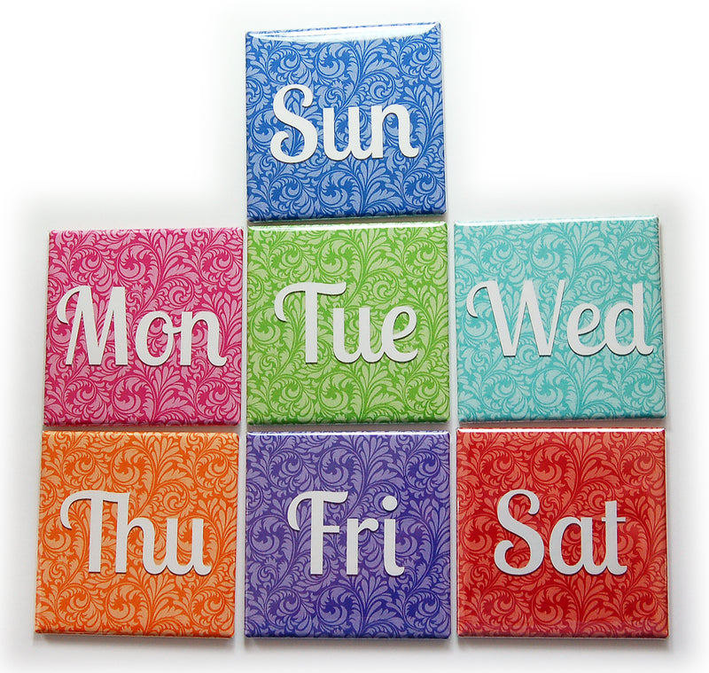 Day of the Week Square Magnets Damask - Kelly's Handmade