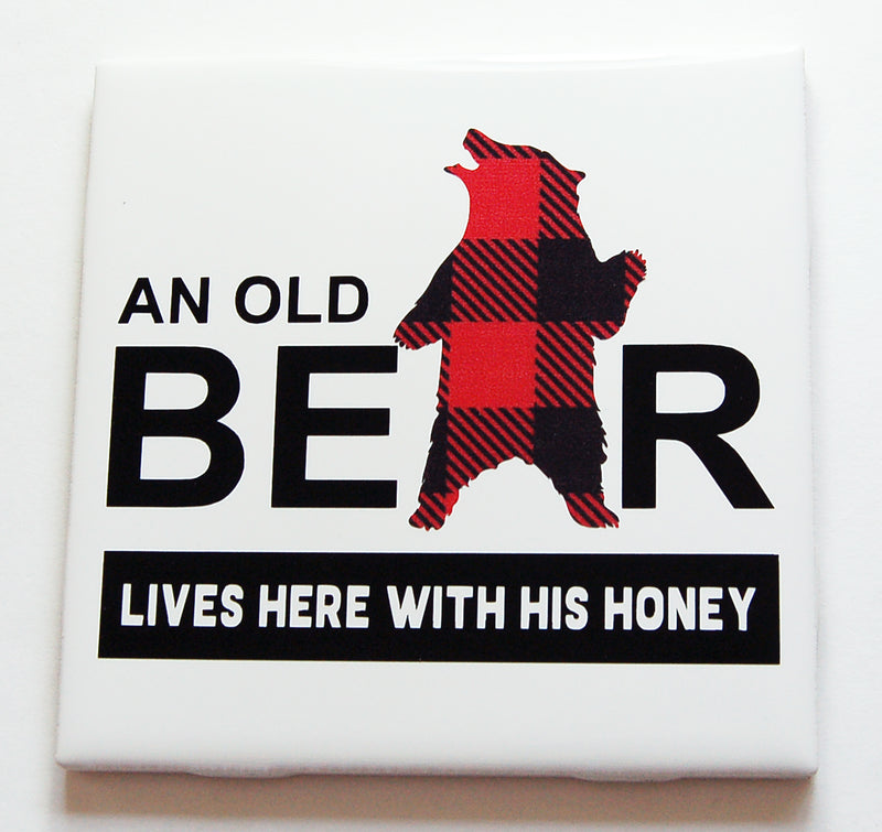 An Old Bear Lives Here Sign In Black & Red - Kelly's Handmade