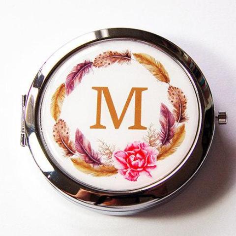 Feather Wreath Monogram Pill Case With Mirror - Kelly's Handmade