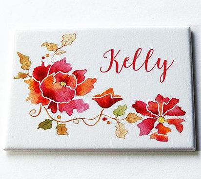 Floral Personalized Large Pocket Mirror in Pink & Orange - Kelly's Handmade