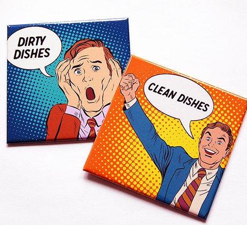 Comic Style Clean & Dirty Dishwasher Magnets in Blue & Orange - Kelly's Handmade