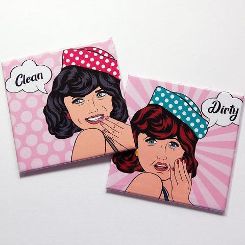 Comic Cutie Clean & Dirty Dishwasher Magnets in Pink - Kelly's Handmade