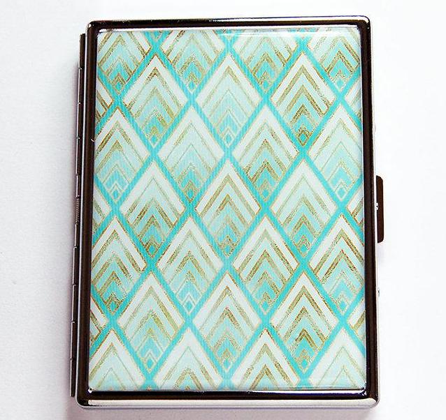 Art Deco Diamond Pattern Slim Cigarette Case in Turquoise - Kelly's Handmade