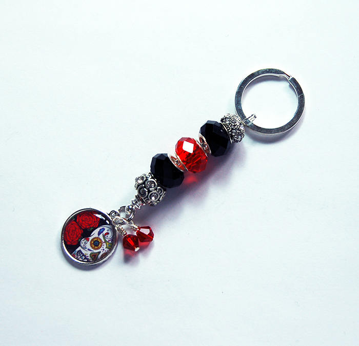 Dia de los Muertos Bead Keychain in Black & Red - Kelly's Handmade