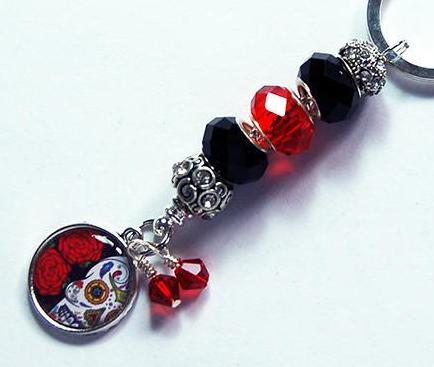 Dia de los Muertos Bead Keychain in Black & Red - Kelly's Handmade