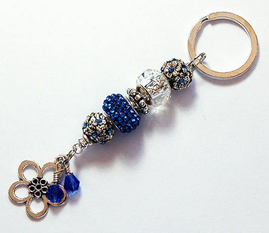 Flower Rhinestone Bead Keychain in Blue & Silver - Kelly's Handmade