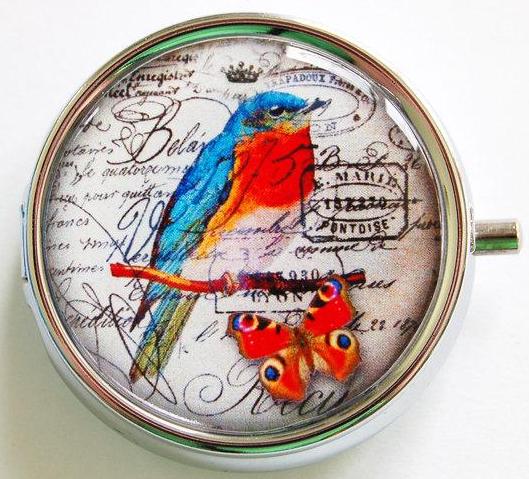 Bird & Butterfly Round Pill Case - Kelly's Handmade