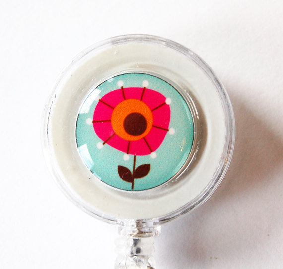 Flower ID Badge Reel in Turquoise & Pink - Kelly's Handmade