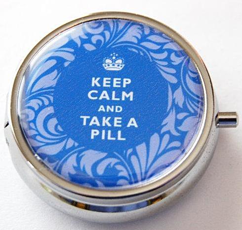 Keep Calm Round Pill Case in Blue Damask - Kelly's Handmade
