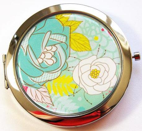 Floral Compact Mirror in Turquoise - Kelly's Handmade