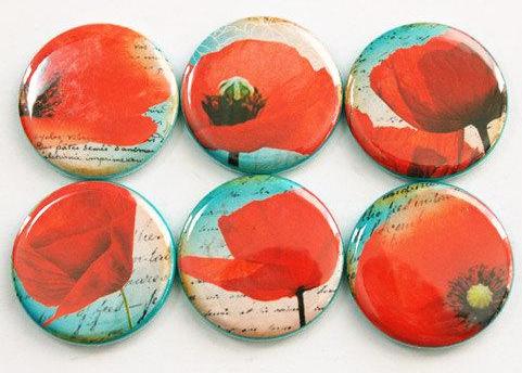 Poppies Set of Six Magnets - Kelly's Handmade