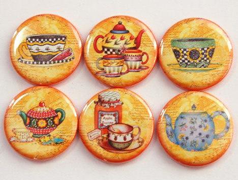Tea Time Set Of Six Magnets on Orange - Kelly's Handmade