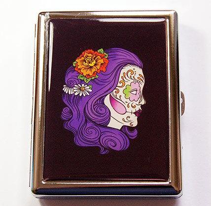 Sugar Skull Compact Cigarette Case in Black & Purple - Kelly's Handmade