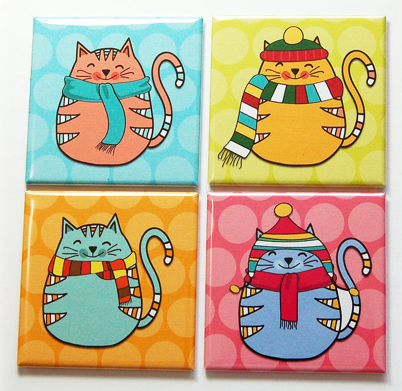 Winter Cats Set of 4 Square Magnets - Kelly's Handmade