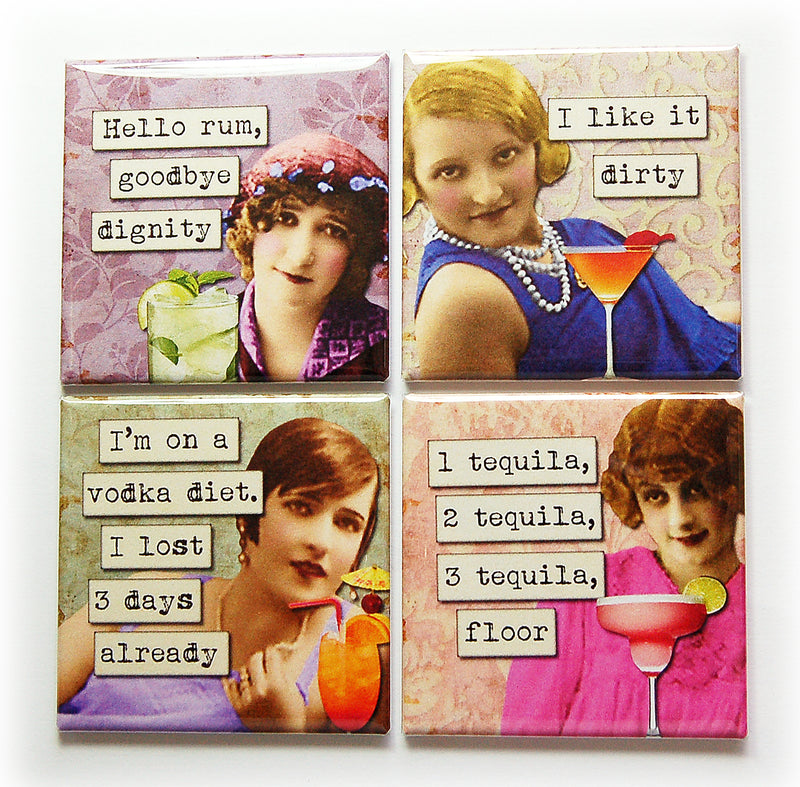 Funny Cocktail Sayings Set of 4 Square Magnets - Kelly's Handmade