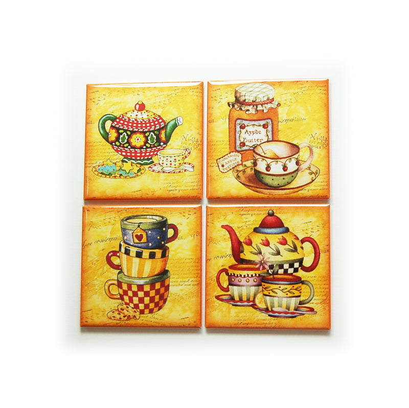 Tea Time Set of 4 Square Magnets - Kelly's Handmade