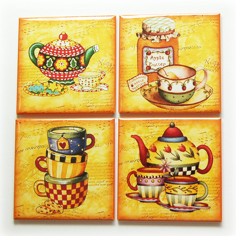 Tea Time Set of 4 Square Magnets - Kelly's Handmade