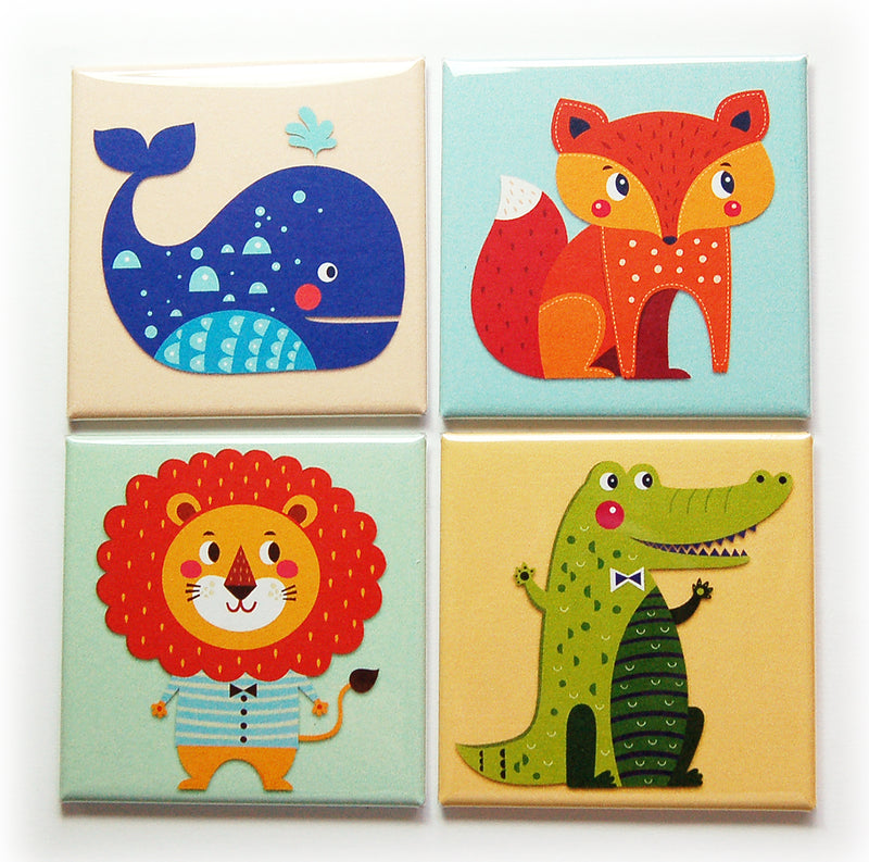 Cute Animals Set of 4 Square Magnets - Kelly's Handmade