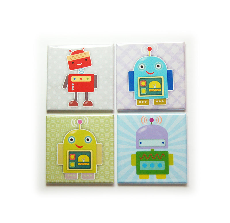 Cute Robots Set of 4 Square Magnets - Kelly's Handmade
