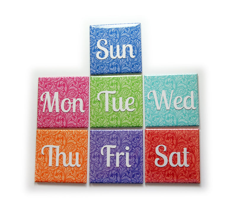 Day of the Week Square Magnets Damask - Kelly's Handmade