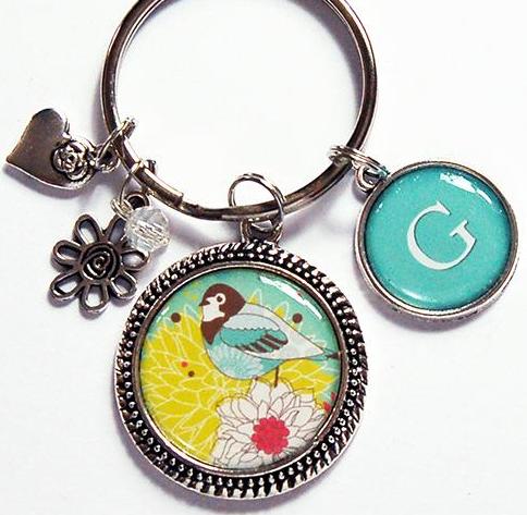 Flower & Bird Keychain in Seafoam Green & Yellow - Kelly's Handmade