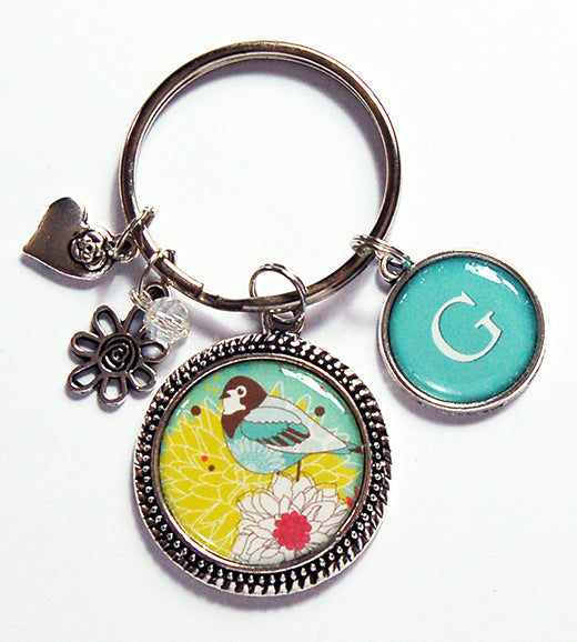 Flower & Bird Keychain in Seafoam Green & Yellow - Kelly's Handmade