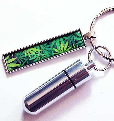 Marijuana Leaf Keychain with Pill Container - Kelly's Handmade