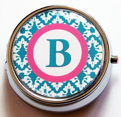 Damask Monogram Round Pill Case in Bright Colors - Kelly's Handmade