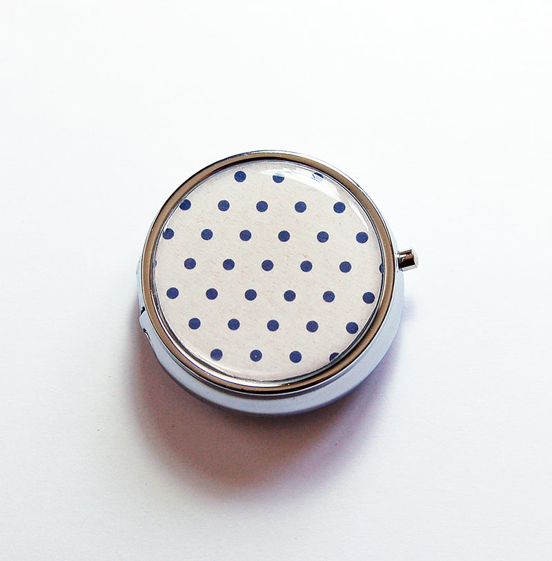 Ivory & Navy Blue Polka Dot Round Pill Case - Kelly's Handmade