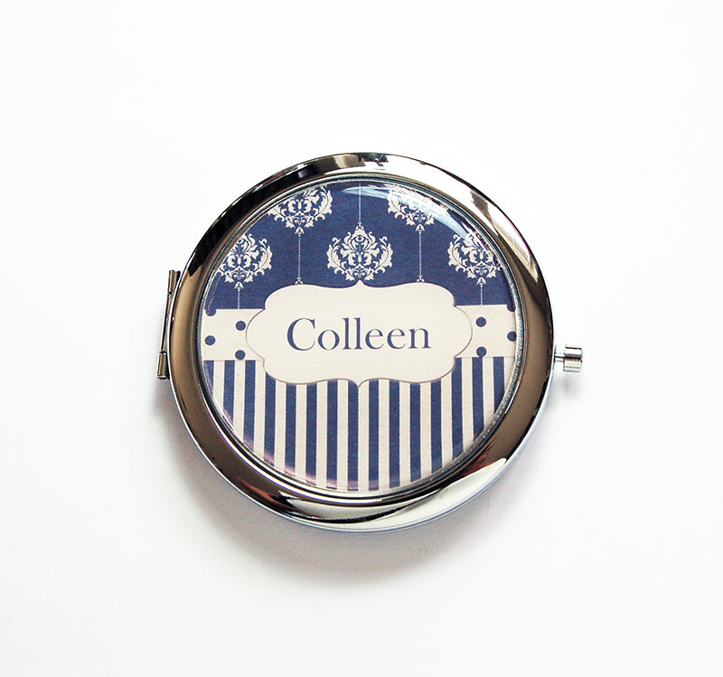 Personalized Compact Mirror in Navy Blue & Ivory - Kelly's Handmade