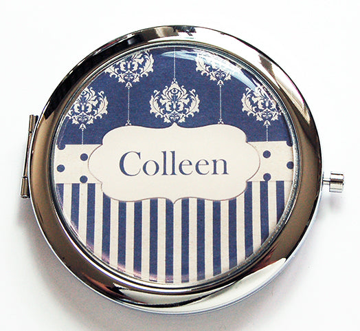 Personalized Compact Mirror in Navy Blue & Ivory - Kelly's Handmade