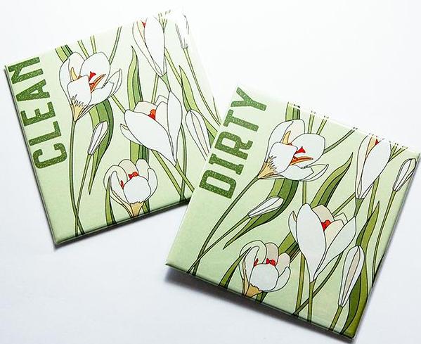 Tulips Clean & Dirty Dishwasher Magnets in Green & White - Kelly's Handmade
