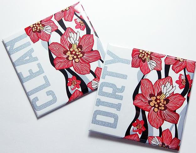 Flower Clean & Dirty Dishwasher Magnets in Red & Grey - Kelly's Handmade