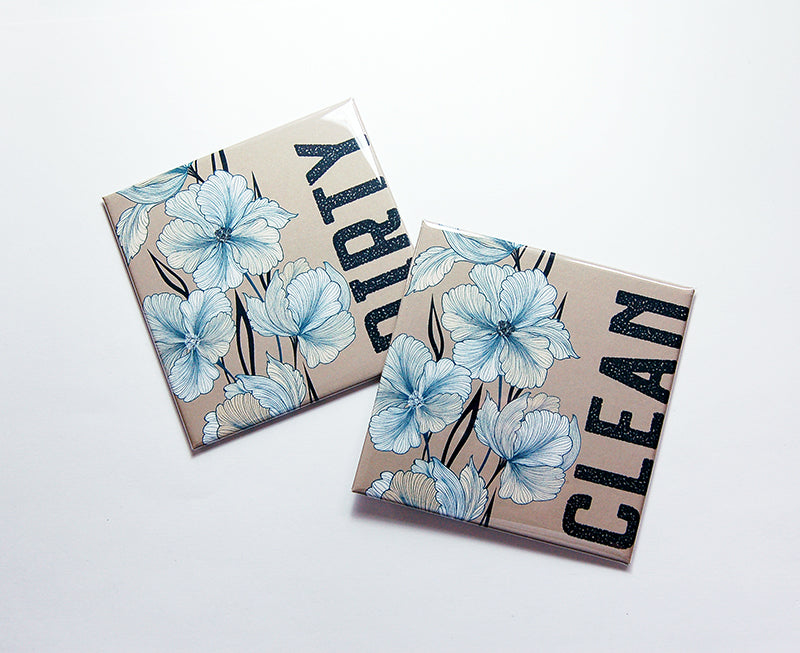 Flower Clean & Dirty Dishwasher Magnets in Teal Blue on Light Brown - Kelly's Handmade