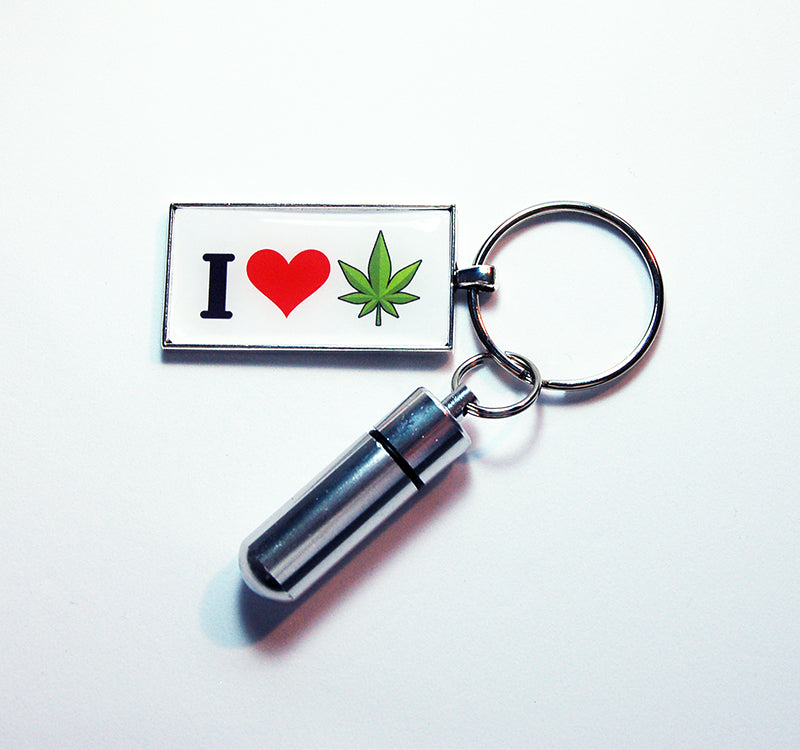 I Love Marijuana Keychain with Pill Container - Kelly's Handmade