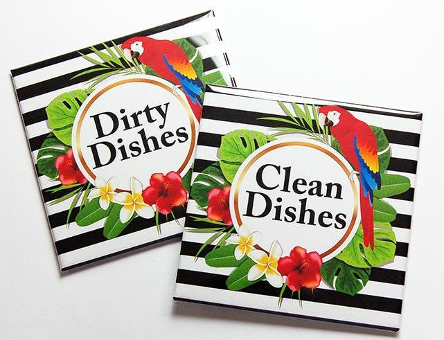 Parrot Dishwasher Magnets on Black & White Stripes - Kelly's Handmade