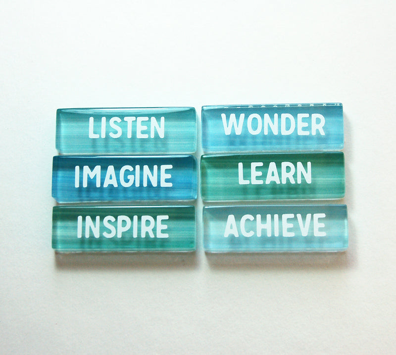 Listen Imagine Achieve Glass Tile Magnet Set In Shades of Blue & Green - Kelly's Handmade
