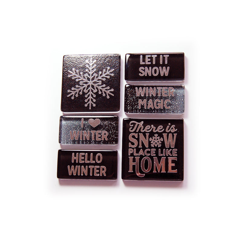 Hello Winter Glass Tile Magnet Set in Black & Silver - Kelly's Handmade