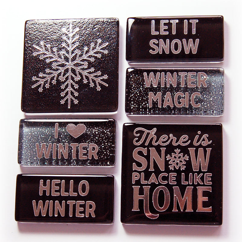 Hello Winter Glass Tile Magnet Set in Black & Silver - Kelly's Handmade