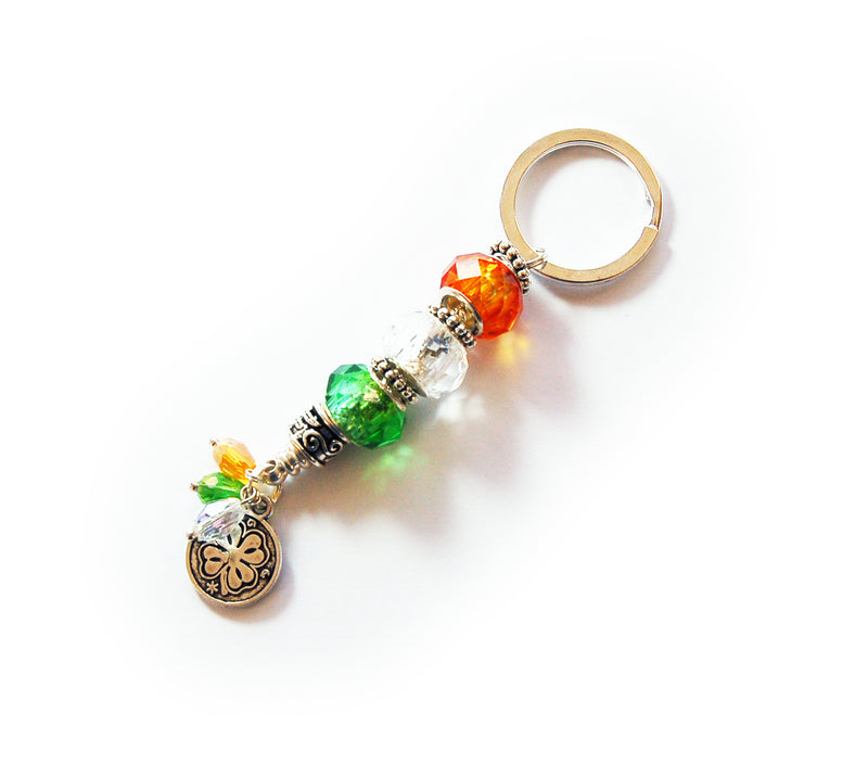 Four Leaf Clover Glass Bead Keychain in Orange & Green - Kelly's Handmade