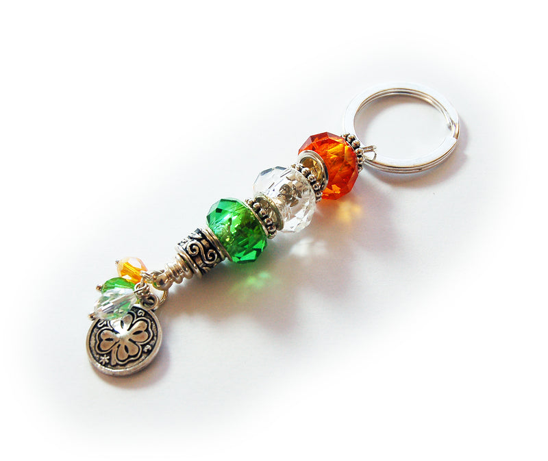 Four Leaf Clover Glass Bead Keychain in Orange & Green - Kelly's Handmade