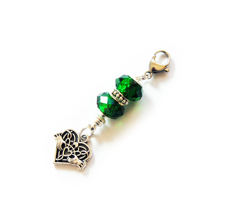 Irish Claddagh Bead Zipper Pull In Green & Silver - Kelly's Handmade