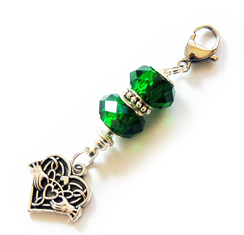 Irish Claddagh Bead Zipper Pull In Green & Silver - Kelly's Handmade
