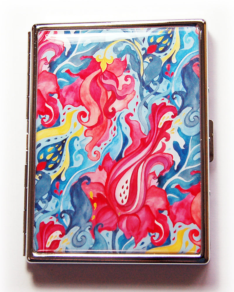 Abstract Floral Slim Cigarette Case in Bright Shades of Blue & Pink - Kelly's Handmade