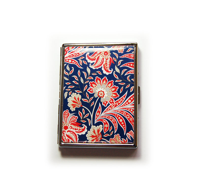 Floral Print Slim Cigarette Case in Red & White on Blue - Kelly's Handmade