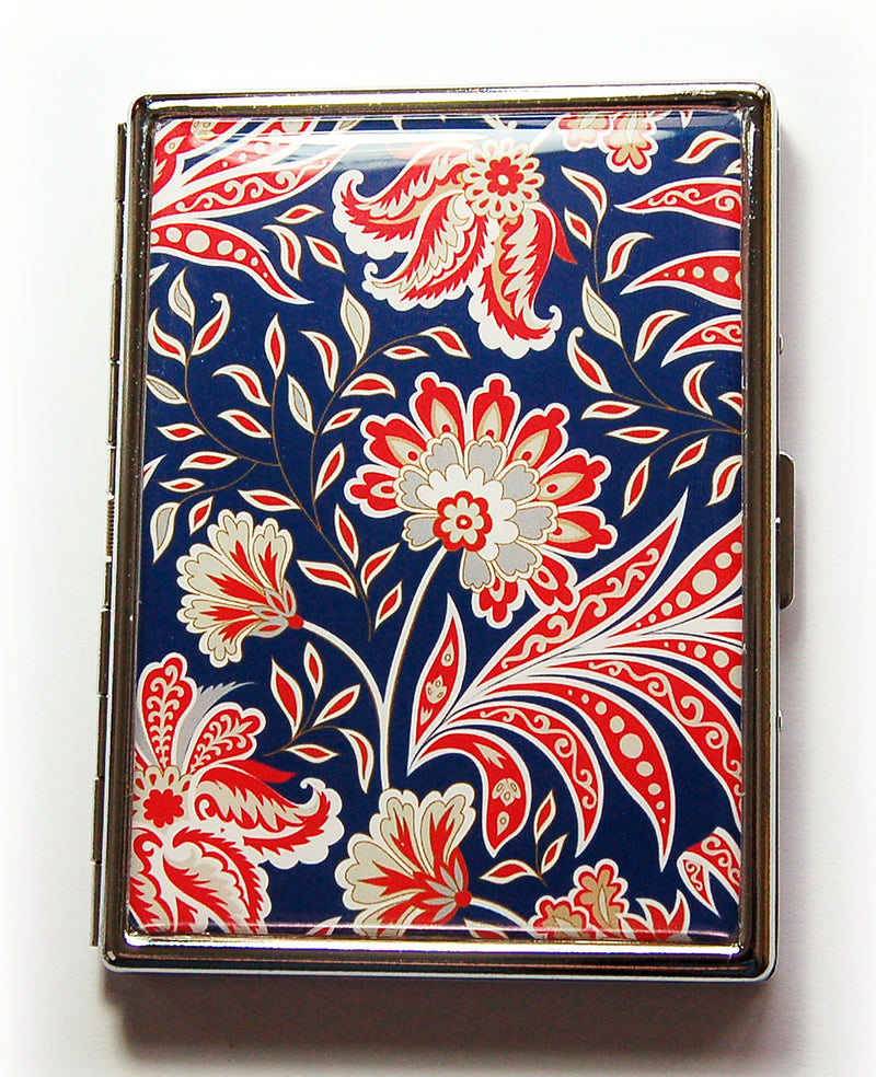 Floral Print Slim Cigarette Case in Red & White on Blue - Kelly's Handmade