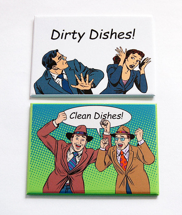 Comic Style Clean & Dirty Dishwasher Magnets in Green & Blue - Kelly's Handmade