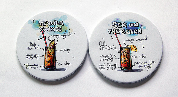 Cocktail Recipe Coasters - Tequila Sunrise & Sex on the Beach - Kelly's Handmade