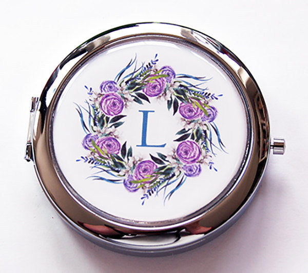 Purple Wreath Monogram Pill Case With Mirror - Kelly's Handmade